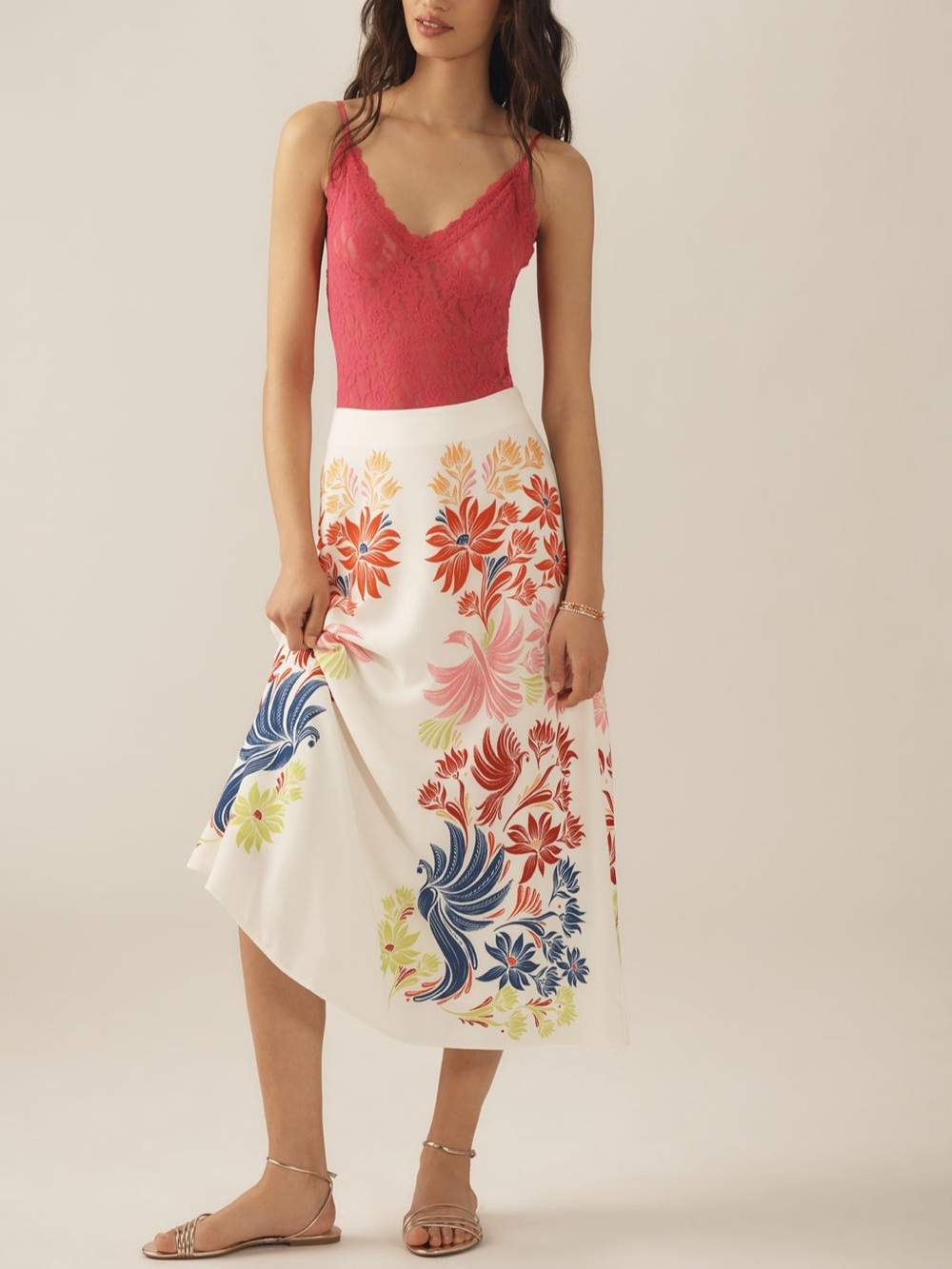 Farm Rio x Anthropologie Floral Print Midi Skirt in White